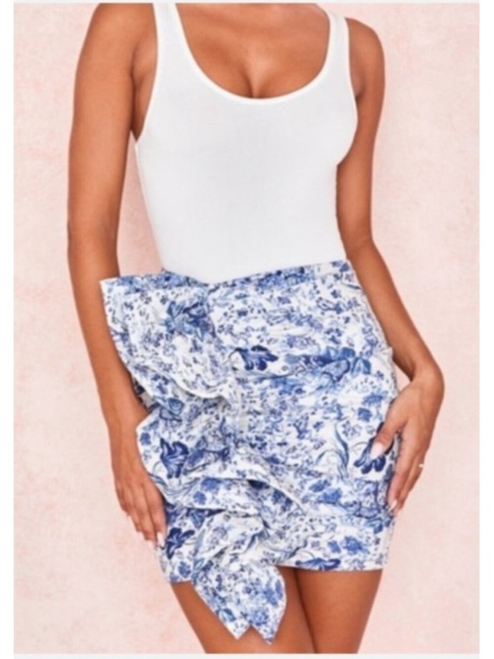 House of CB London Blue White Floral Draped Mini Skirt Size M High Waist Stateme